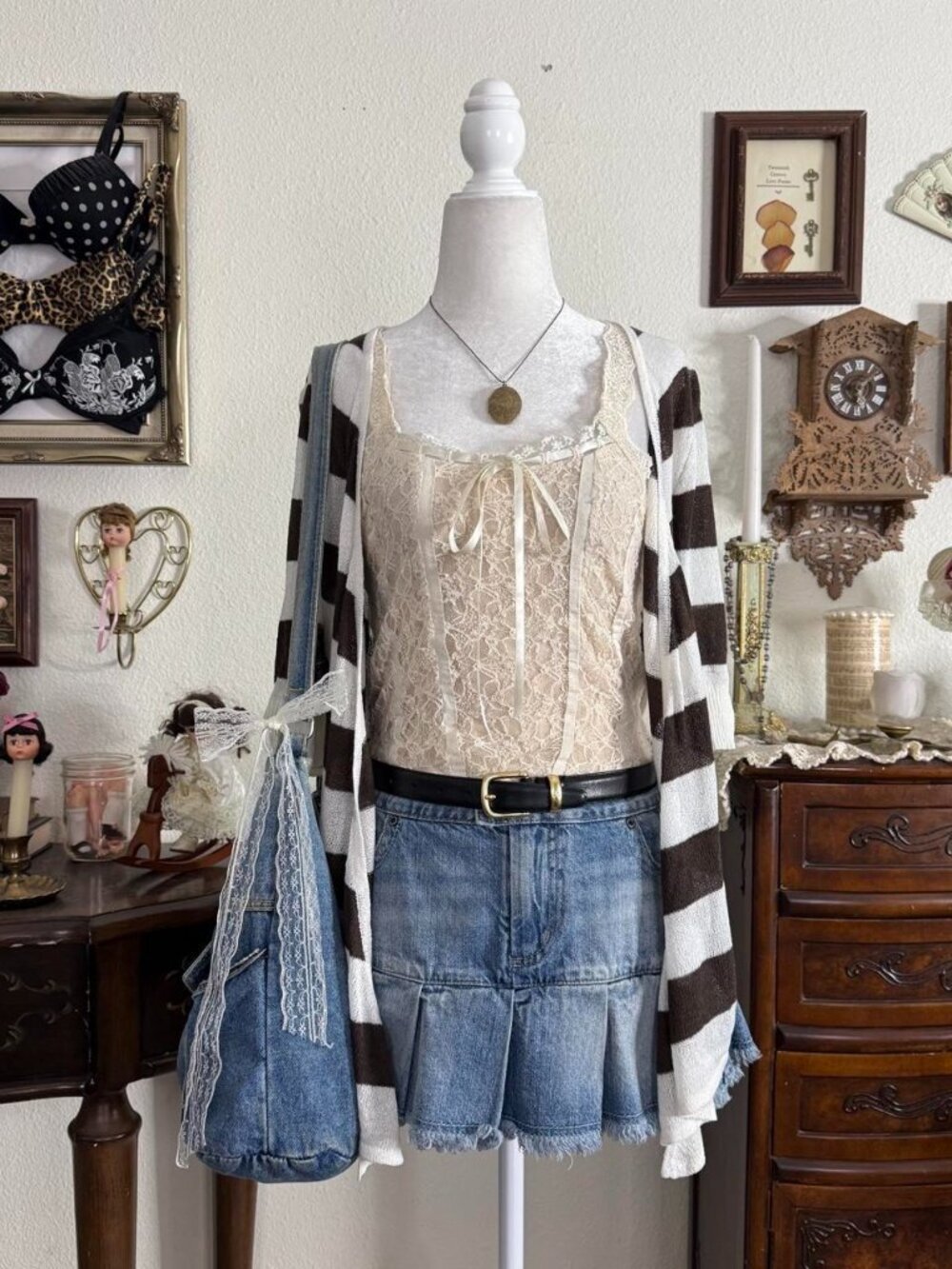 Boho whimsical brown and white striped short sleeve cardigan